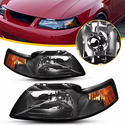 Headlights For 1999-2004 Ford Mustang Halogen Pair Black Headlamps Left & Right • $65.99