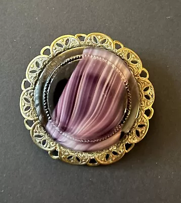 Vtg Western Germany Brooch Gold Tone Filigree Purple White  Glass Signed READ • $28.95