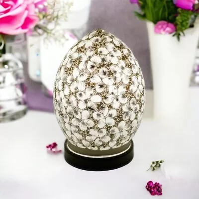 Egg Lamp Mosaic Glass  White Flower Table Lamp Desk Bedside Living Room LM72W • £49.99