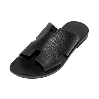 Sandals Slippers Man With Sole Leather Made IN Italy 100% Real Leather Black • $91.02