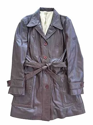 VTG Brown Genuine Leather Belted Trench Coat Jacket Satin Lined Womens Medium • $59.95