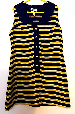 Vintage 60s Blue Yellow + White Stripe Collared Buttoned Sleeveless Dress 14 Mod • £19.99