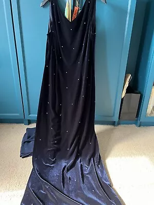 Navy Blue Velvet Diamante Maxi Cruise Formal Ball Dress Size 14 By Libra & Shawl • £25