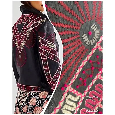 Free People X Zandra Rhodes Stardust Black Leather Biker Jacket Pink Size M NEW • $394.99