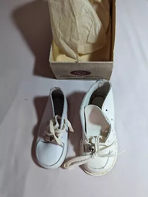 Vintage White Leather Baby Shoes Booties 4 1/2 Nib With Bells On • $8