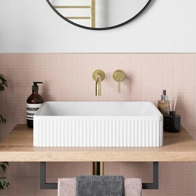 Bathroom Countertop Basin Sink Fluted Gloss White Rectangular Modern 503 X 365mm • £89.99