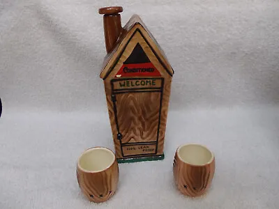 Vintage 1957 Japan Sake Moonshine Outhouse Liquor Decanter & Whiskey Barrel Cups • $16.99