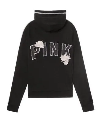 Victoria's Secret Pink Black Bling Perfect Full Zip Hoodie Embroidered M • $79.99