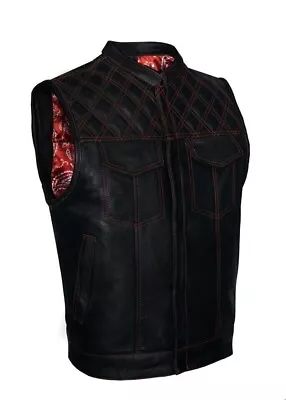 Men's Black Leather Vest Diamond Motorbike Motorcycle Concealed Red Waistcoat • $104.99