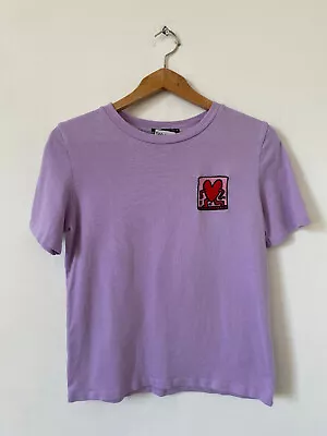 Zara Keith Haring T Shirt Small Purple Short Sleeve Heart Embroidered • £8.99