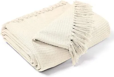 Single/Large/King Waffle Cotton Throw Sofa/Bed/Armchair Throw Blanket Natural • £14.99