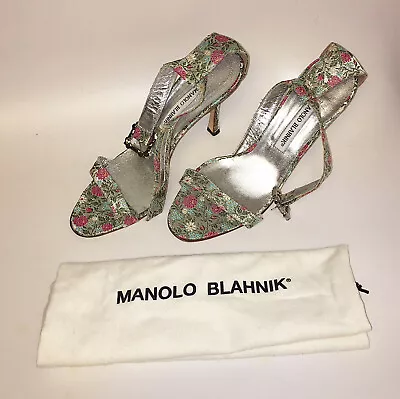 MANOLO BLAHNIK Brocade Jaquard Embroidered Floral Ankle Strap 38.5 BRAND NEW • $400