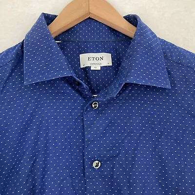 Eton Contemporary Shirt Mens 46-18 (XXL) Blue Polka Dot Preppy Business Luxury • $29.97