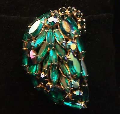 Vintage Large Weiss Convex Aurora Borealis Blue Green Leaf Pin Brooch 2 1/4 In • $79