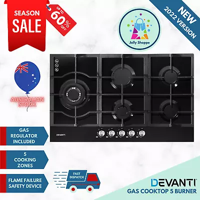 $340.54 • Buy Devanti Gas Cooktop 90cm 5 Burner Stove Hob Cooker Kitchen NG LPG Black Glass