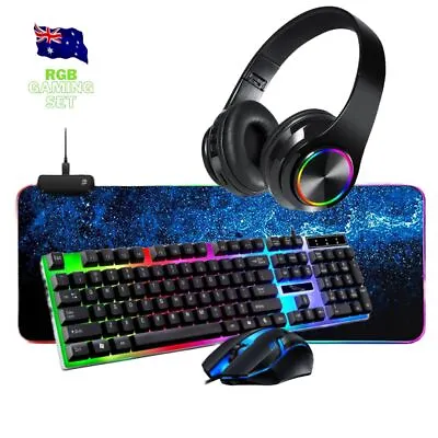 $74.99 • Buy NEW RGB Gaming Keyboard Mouse, RGB Mouse Pad Wireless Headphones Bundle For PC