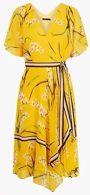 £69 • Buy Karen Millen Wrap Over Dress With Pleated Skirt Yellow /Black, Floral Size 10