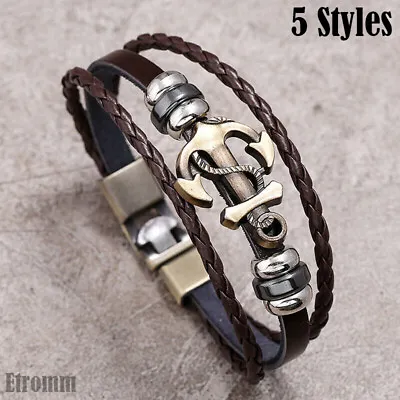 Mens Womens Braided Leather Bracelet Stainless Steel Clasp Wristband Jewelry Set • $4.95