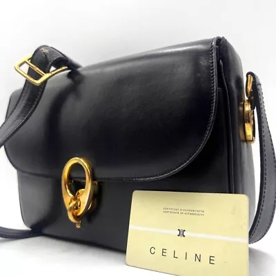 Vintage Old CELINE Leather Shoulder Bag Crossbody Black • $298