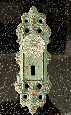 Vintage Cast Iron Door Plate W/ Acrylic/Glass Knob Antique Turquoise/Teal Accent • $24.90