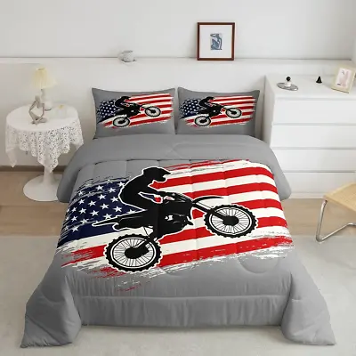 Dirt Bike Comforter Set Twin Size For Kids BoysAmerican Flag Bedding SetGrey R • $91.36