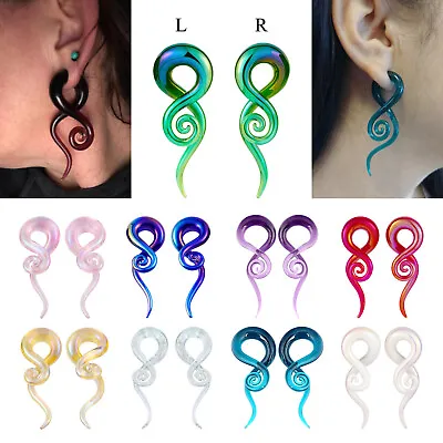 Pair Pyrex Glass Ear Plugs Tunnels Spiral Twist Taper Earring Ear Gauge Expander • $11.90