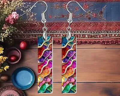 Earrings Agate Mosaic Print Wood Bar Printed Earrings Jewelry • $14.98