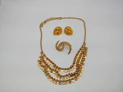 MMA 1994 Maya Gold Mask Earrings Unsigned Necklace Brooch Vintage Jewelry Lot 3 • $49.12