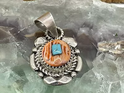 Vintage LC Zuni Signed Coral And Turquoise Sterling Silver Pendant--931.24 • $59.99