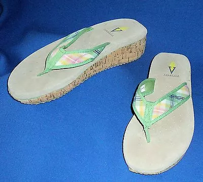 Volatile Womens Platform Sandal 9 Flip Flops 9 Green Plaid Cork Wedge Unworn? • $24.95