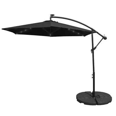 Black 3m LED Cantilever Banana Umbrella Garden Sun Shade Hanging Parasol + Base • £169.99