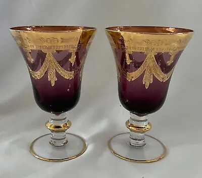 VTG Arte Italica Medici Wine Goblets (2) Amethyst & Gold Venice Italy • $49.99