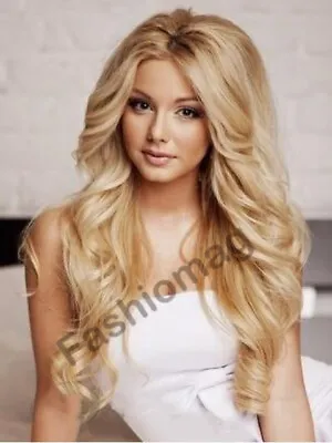 Long Wavy Lace Front Human Hair Blend Heat Ok Wigs Women Blonde Mix Soft Natural • $54.19