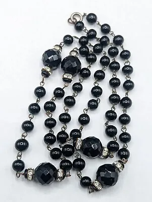 Vintage GERMANY Black Glass Round Faceted Crystal Rhinestone Beaded Necklace • $18