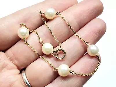 Vintage 14k Yellow Gold Real Cultured Pearl Station Bracelet Jewelry 3.2g • $124.99
