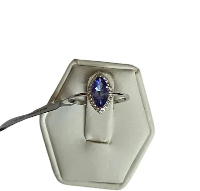 AAA Tanzanite Marquise & White Zircon 9K White Gold Ring Size N To O / 7 1.15cts • £429