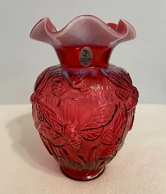 Fenton Cranberry Opalescent Verlys Mold Embossed Bee / Moth Vase • $45