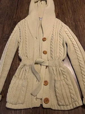 Vtg 70s Cardigan Coat Belt Pockets Cable Knit Wood Button Hood Nan Elliot Sz S • $29