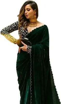 Vindhya Velvet Saree: Elegant Traditional Wear With Matching Blouse Piece Luxury • £57.72