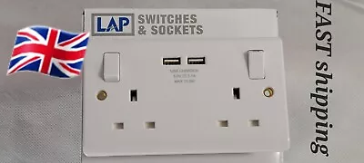 Double Wall Plug Socket 2 Gang 13A With 2 USB Charger Port Outlets White Plate • £10.99