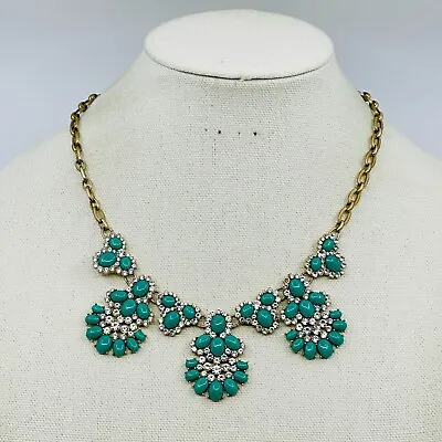 J. Crew Statement Necklace Green Flower Petals Crystal Gold Tone Jewelry • $14.95