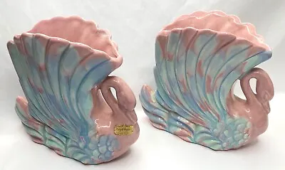 2 - Royal Haeger Pink And Blue Swan R713 Vintage Planter Vase Bookends Pottery • $65