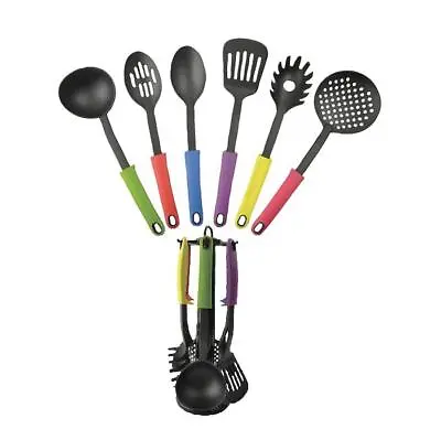 Black Nylon Kitchen Utensils Tool Set Kitchen Colourful Ergonomic Handles 7pc • £16.49