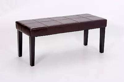 Brown Leather Bench Rectangle Top Wooden Legs Side Table Ottoman Style No Back • £89.99