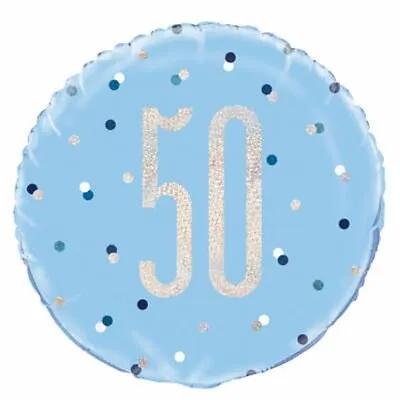 Birthday Blue Glitz Number 50 Round Foil Balloon 18 Inch 45.7CM Inc 59mm Badge • $6.20