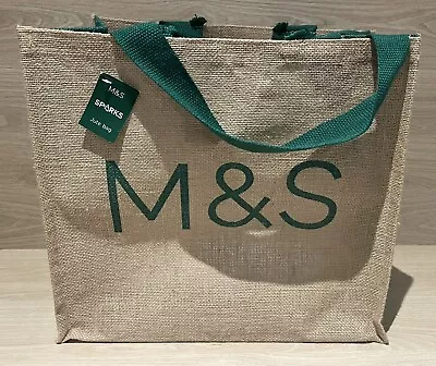 M&S Shopping Tote Bag Marks And Spencer Jute Bag Natural Green Sparks With Tag • £9.99