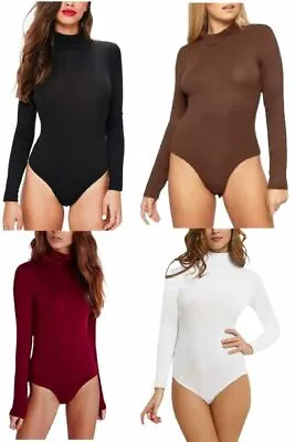 Womens Basic Polo Neck Long Sleeve Bodysuit Top Unitard Leotard Tee UK 6 To 24 • £6.99