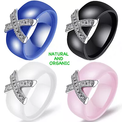 Women's Ceramic Wedding Band Crystal X Hypoallergenic 8mm Comfort Fit Ring  • $15.68