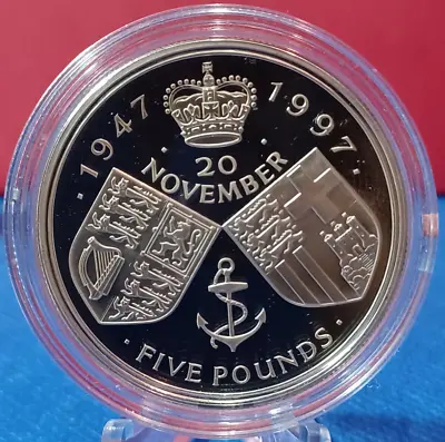 1997 UK 5 Pounds Elizabeth II/Philip (Golden Wedding; Silver Proof Edition) • $42