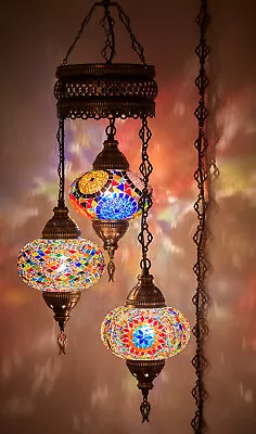 PLUG IN 3 Globe Turkish Mosaic Swag Ceiling Hanging Lamp Chandelier Light W PLUG • $109.80